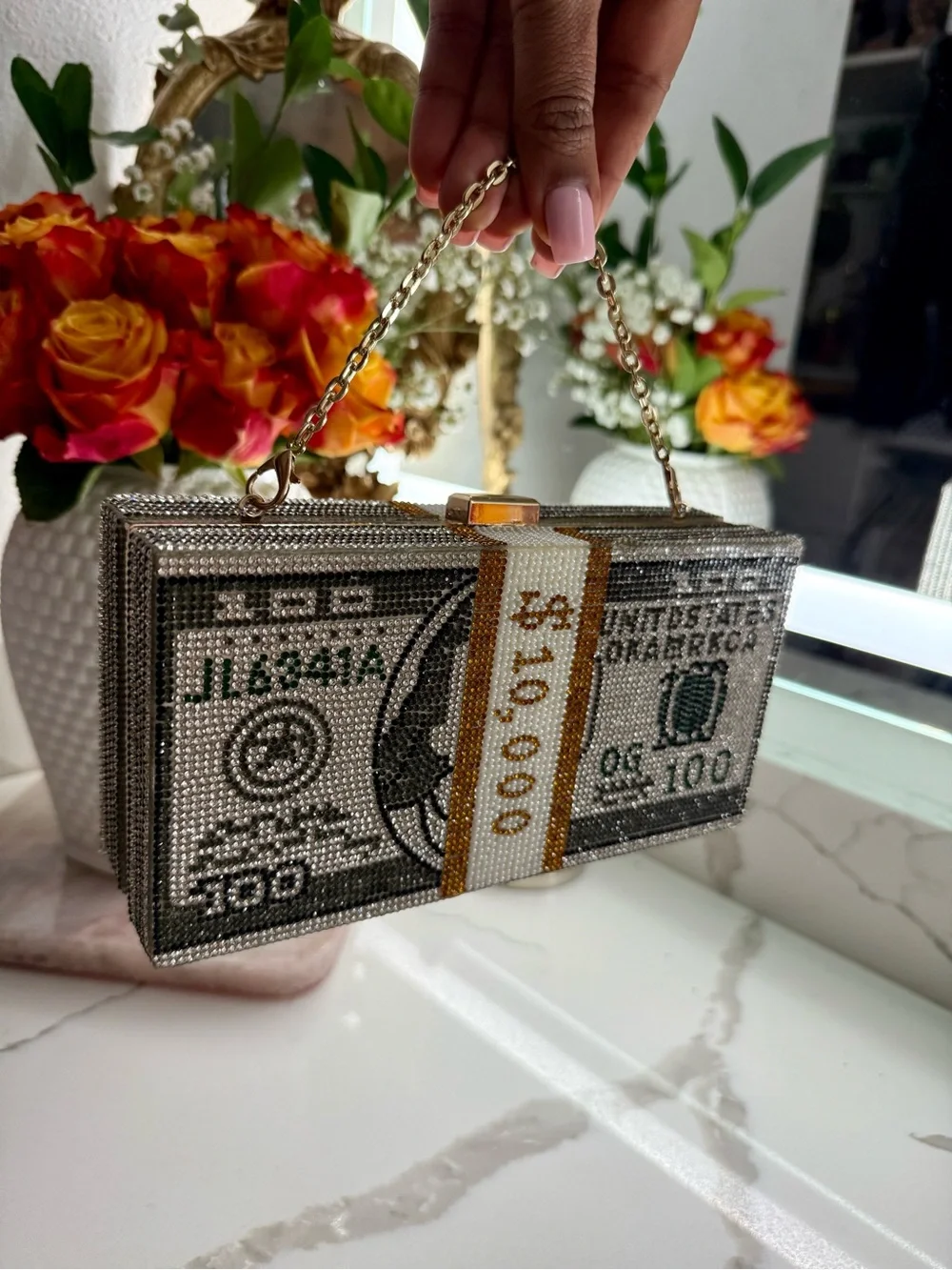 Embellished Money Print Crystal Clutch - Silver & Gold - Picture 6 of 7